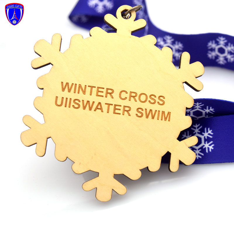 Cheap price custom UK winter cross swim wooden medals laser cut wooden medal souvenir sports medal with ribbon