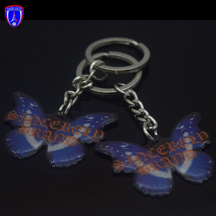 custom print butterfly shape epoxy design fashion keychains with key ring