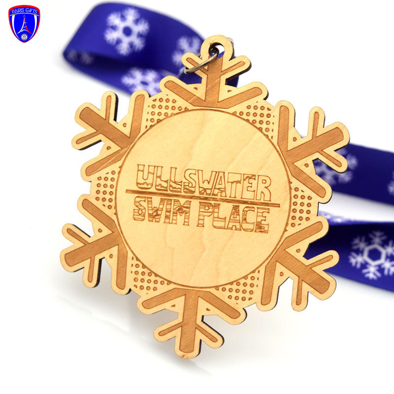 Cheap price custom UK winter cross swim wooden medals laser cut wooden medal souvenir sports medal with ribbon