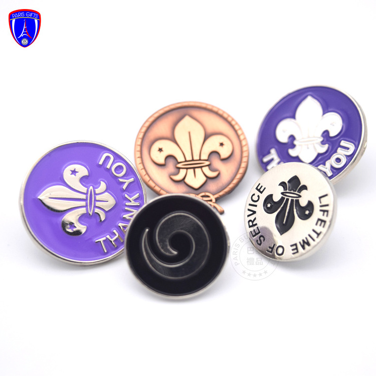 high quality antique copper metal lilly lapel pin round shape scouts sports pin badge for souvenir