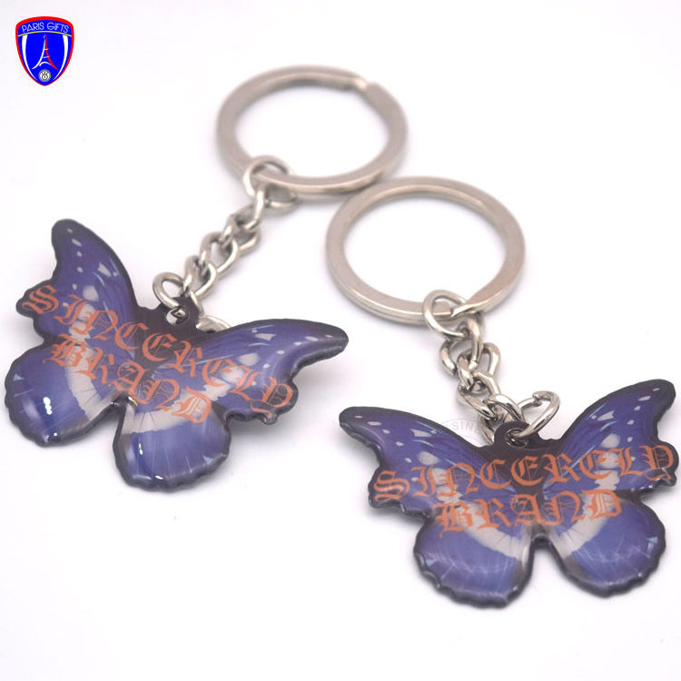 custom print butterfly shape epoxy design fashion keychains with key ring