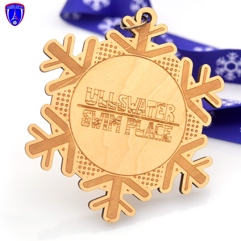 Cheap price custom UK winter cross swim wooden medals laser cut wooden medal souvenir sports medal with ribbon