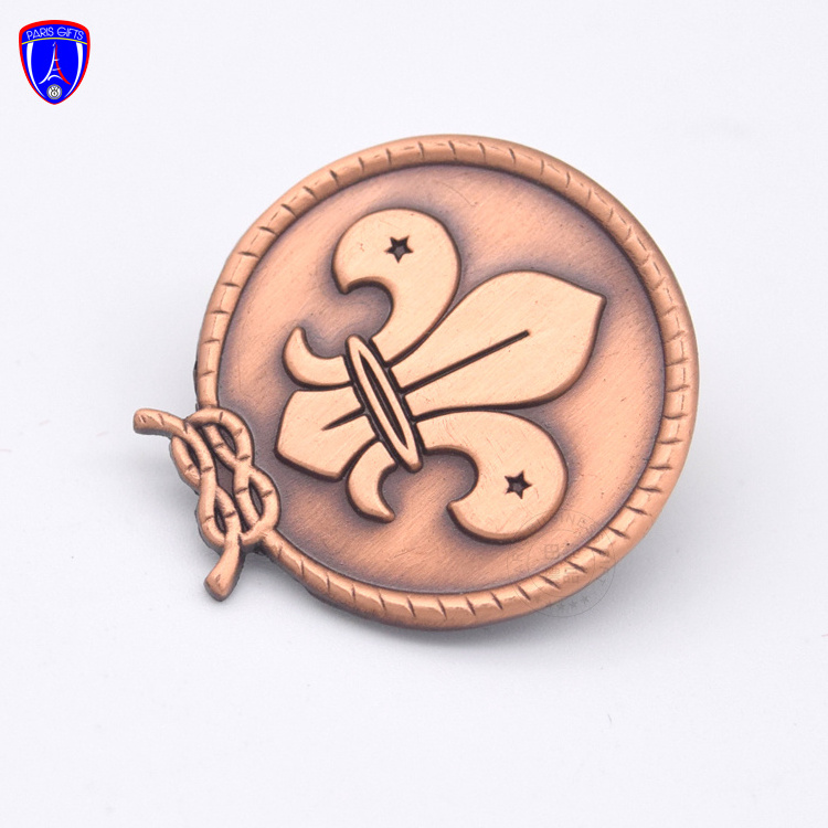 high quality antique copper metal lilly lapel pin round shape scouts sports pin badge for souvenir