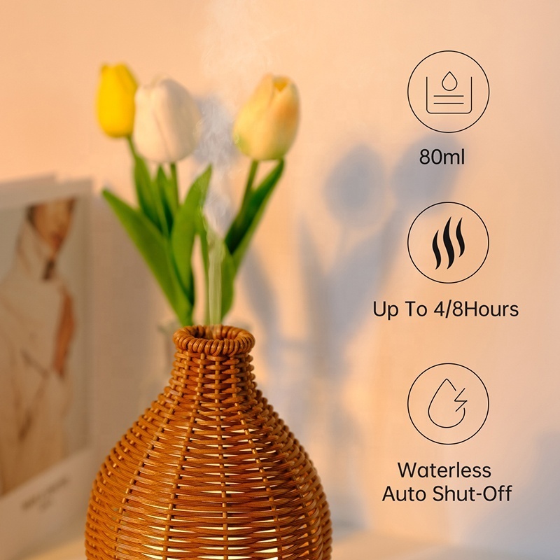 Factory Wholesale 80ml Essential Oil Rattan Retro Air Purifier Ultrasonic Aroma Diffuser Humidifier