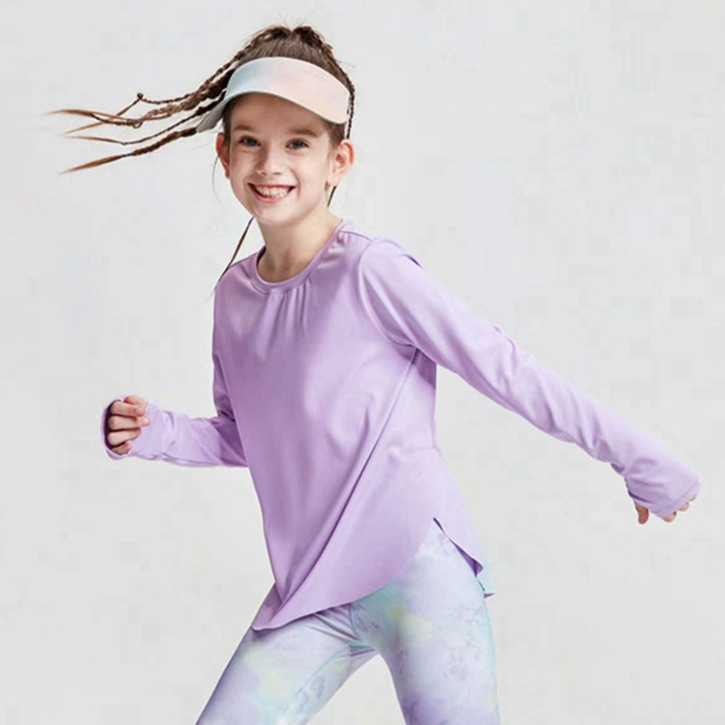 YIYI Long Sleeves Pull Over Soft Gym T-shirts Children High Elastic Side Open Training Tops Kids Comfortable Kids Yoga Clothing