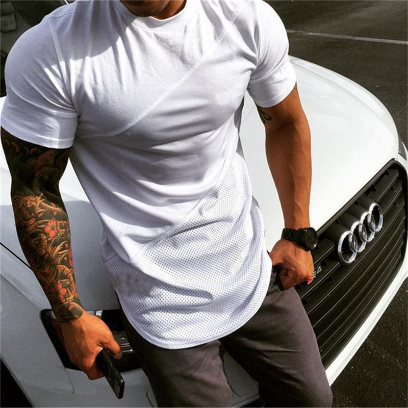 Summer New Design Net Joint Pull Over Sports T-shirts Men Big Size Quick Dry High Elastic T-shirts Gym Fitness T-shirts Blanc