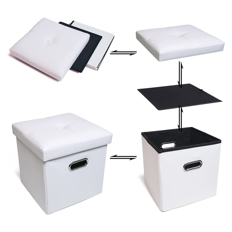 2 pack faux leather cube ottoman with hole handles folding storage ottomans with lid cover for living room bedroom white