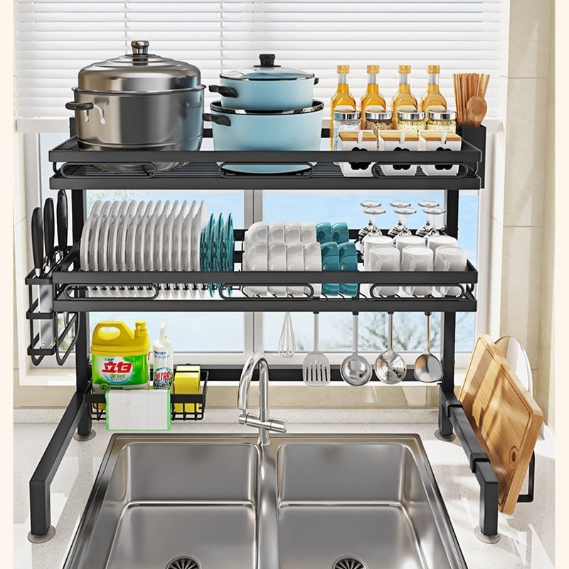 Three-Layer Black Stainless Steel Dish Drying Rack with Utensil Holder Under-Sink Organizer for Kitchen Storage for Cabinet Use