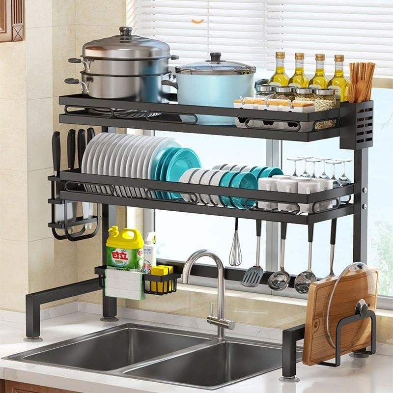 Three-Layer Black Stainless Steel Dish Drying Rack with Utensil Holder Under-Sink Organizer for Kitchen Storage for Cabinet Use