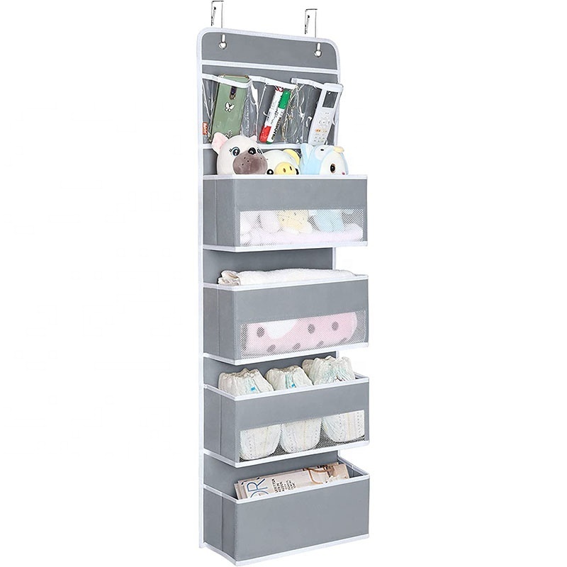 Nursery Closet Cabinet Baby Storage Door Hanging Organizer with 4 Large Pockets and 3 Small PVC Pockets for Cosmetics