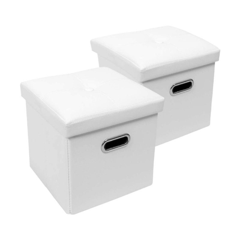 2 pack faux leather cube ottoman with hole handles folding storage ottomans with lid cover for living room bedroom white