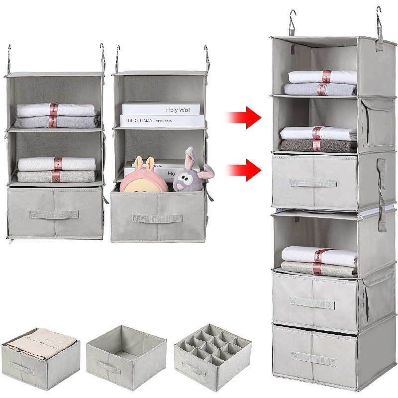 6-Shelf Hanging Closet Organizers 2 Separable 3-Shelf Hanging Shelves with 3 Drawers for Wardrobe Baby Clothes Organization