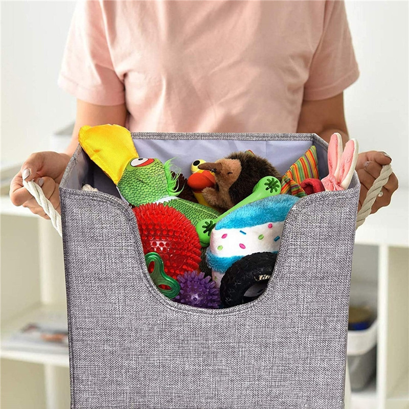 13 Inch Collapsible Storage Box Cotton Linen Dog Toy Storage Bin with Rope Handles for Toys Organizer