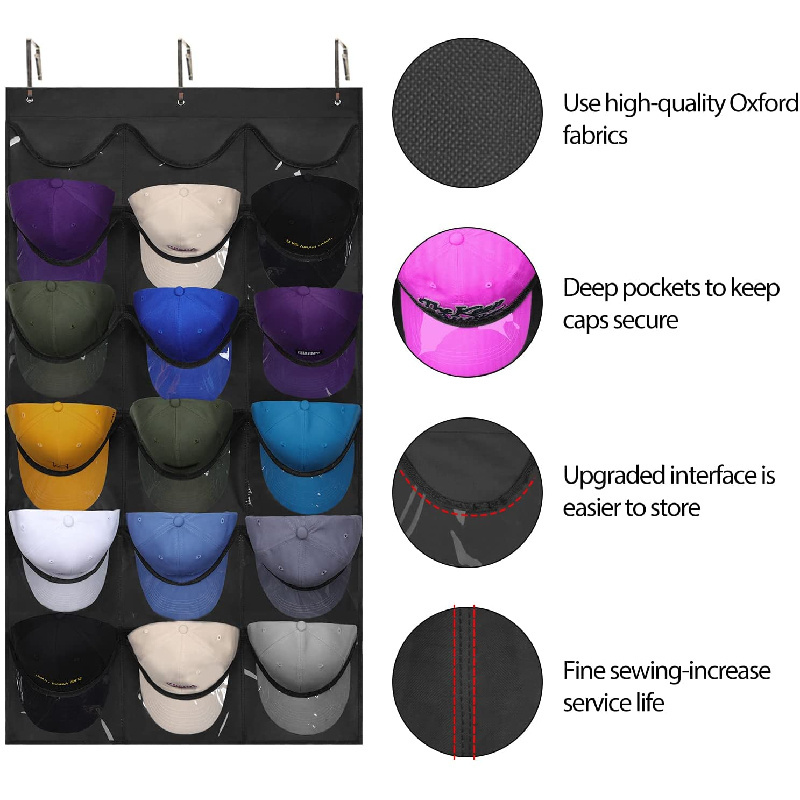 good quality Baseball Cap Organizer Hat Organizer for Closet with 18 Deep Pockets Hat Holder hanging Organizer with 3 Hooks