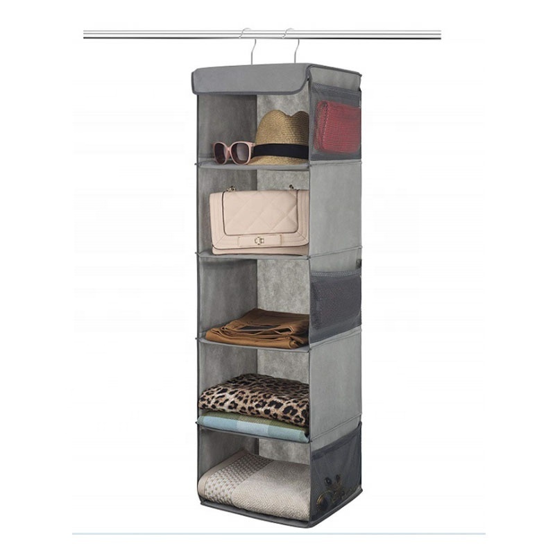 5 Shelves Hanging Closet Organizer Space Saver Breathable Hanging Shelves with 6 Side Pockets and 2 Sturdy Hooks