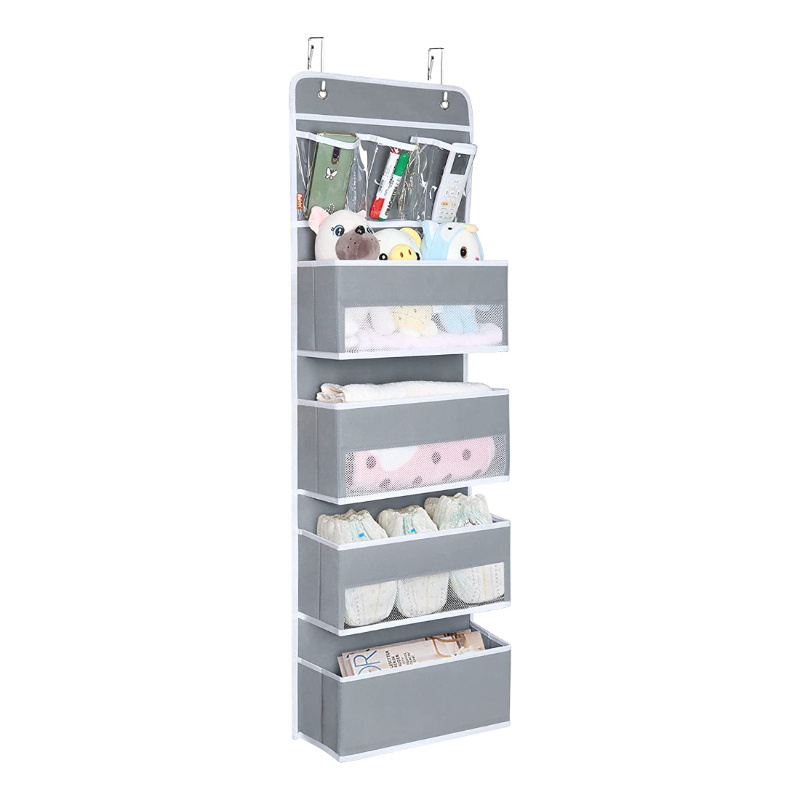 Door Hanging Organizer Nursery Closet Cabinet Baby Storage with 4 Large Pockets and 3 Small PVC Pockets for Sundries (Grey)