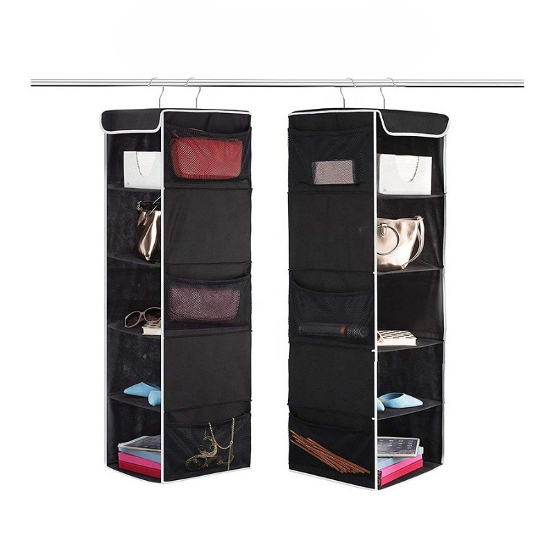 5 Shelves Hanging Closet Organizer Space Saver Breathable Hanging Shelves with 6 Side Pockets and 2 Sturdy Hooks