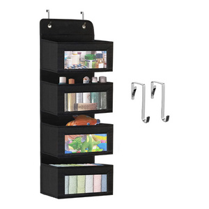 Over The Door Organizer 4 Large Pockets Fabric Wall Mount Storage with Mesh Clear Window for Bathroom Pantry Closet Dorm(Black)