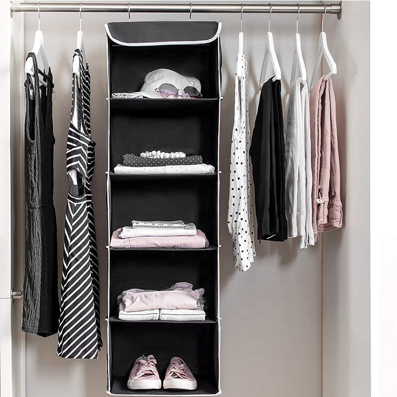 5 Shelves Hanging Closet Organizer Space Saver Breathable Hanging Shelves with 6 Side Pockets and 2 Sturdy Hooks