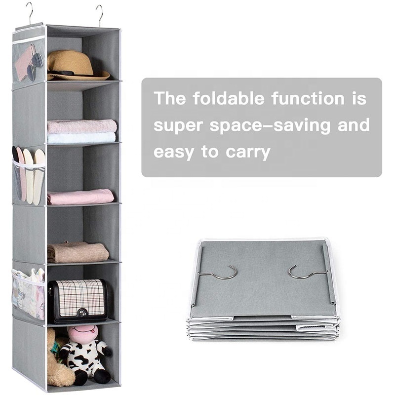 6-shelf Non-woven Collapsible Shelves Hanging Closet Storage Bag Hanging Wardrobe Organizer with Mesh Pockets