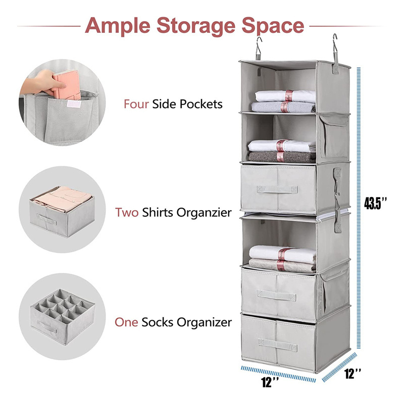 Amazon Hot Sell 6-Shelf Collapsible Fabric Hanging Closet Organizer Hanging Storage Shelves with Drawers