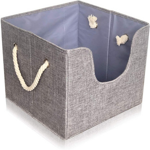 13 Inch Collapsible Storage Box Cotton Linen Dog Toy Storage Bin with Rope Handles for Toys Organizer