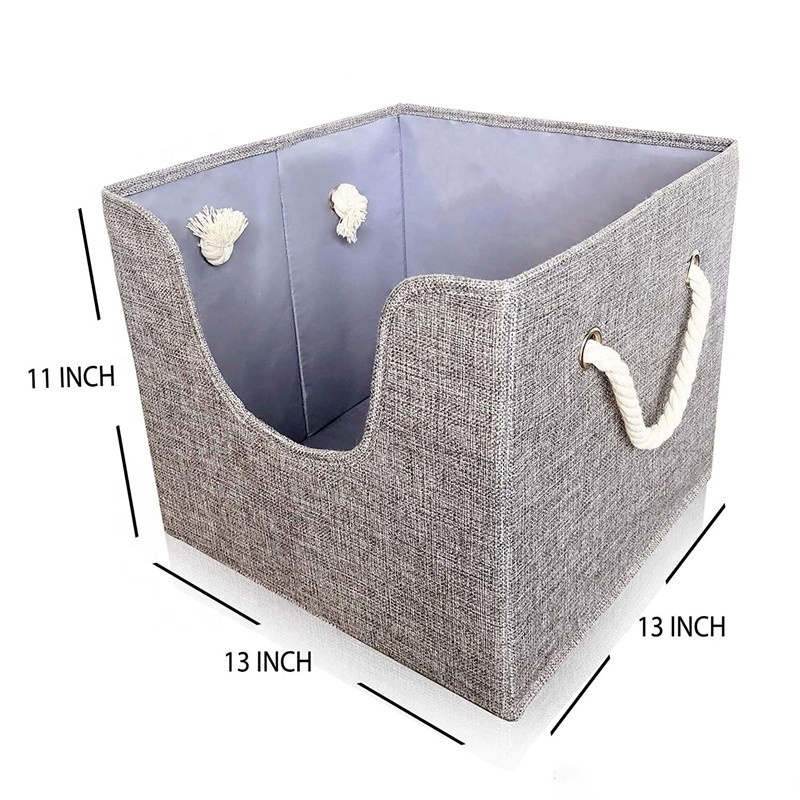 13 Inch Collapsible Storage Box Cotton Linen Dog Toy Storage Bin with Rope Handles for Toys Organizer