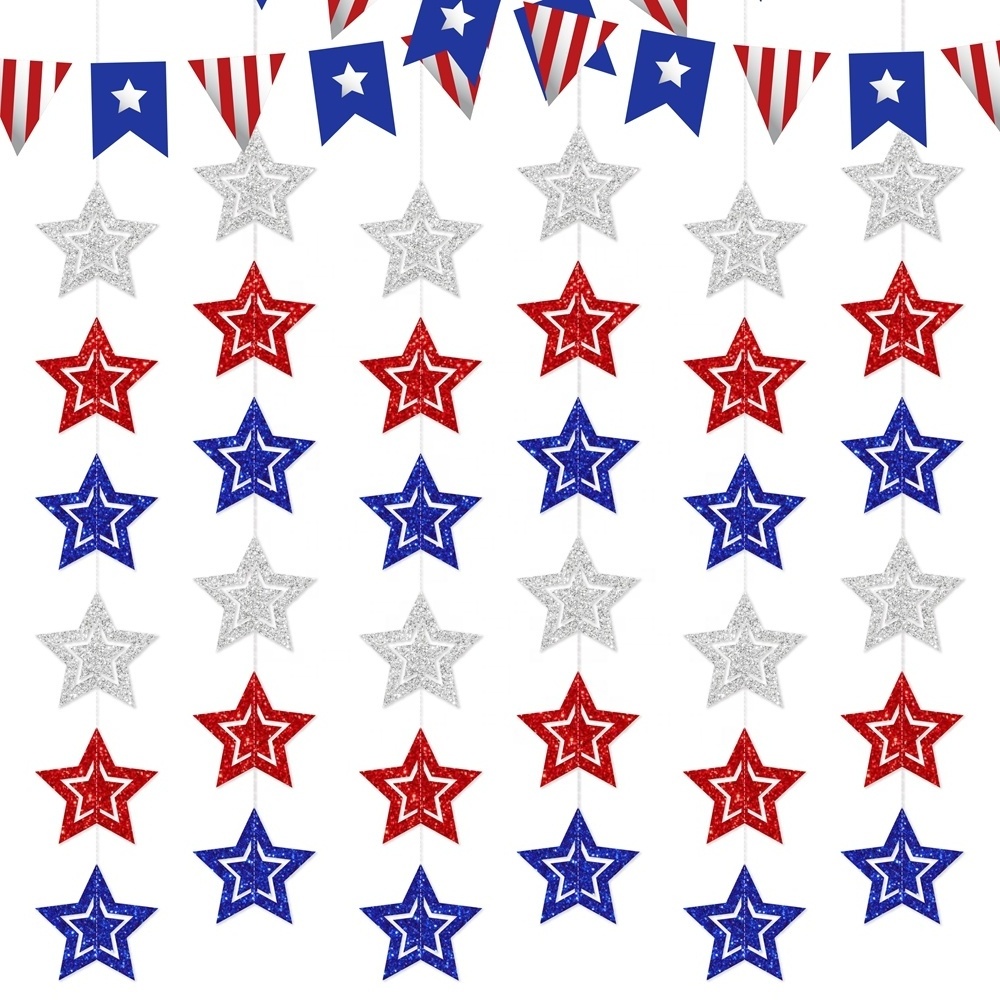 Patriotic Star Streamers Banner Garland Decorations for 4th of July Red White Blue Hanging Stars Banner Memorial Day