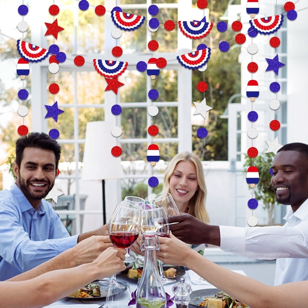 Blue Red White Circle Dots Garlands Paper Streamer for 4th of July American Independence Day USA National Day Party Decor