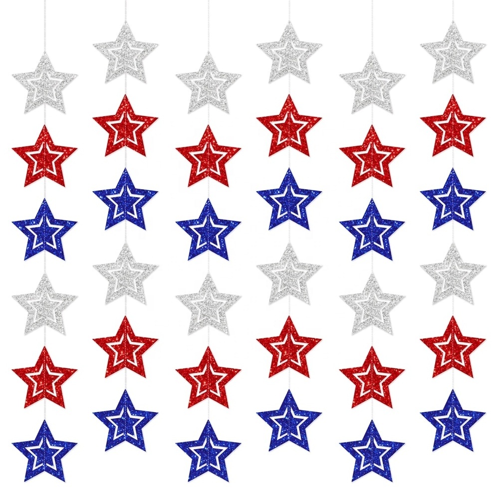 Patriotic Star Streamers Banner Garland Decorations for 4th of July Red White Blue Hanging Stars Banner Memorial Day