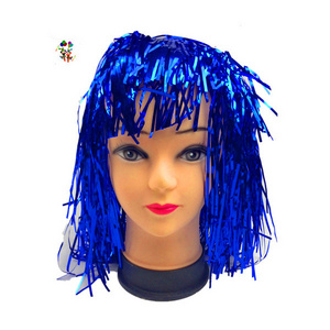 Cheap Mardi Gras Party Plastic Unisex Blue Color Short Tinsel Wigs HPC-0054