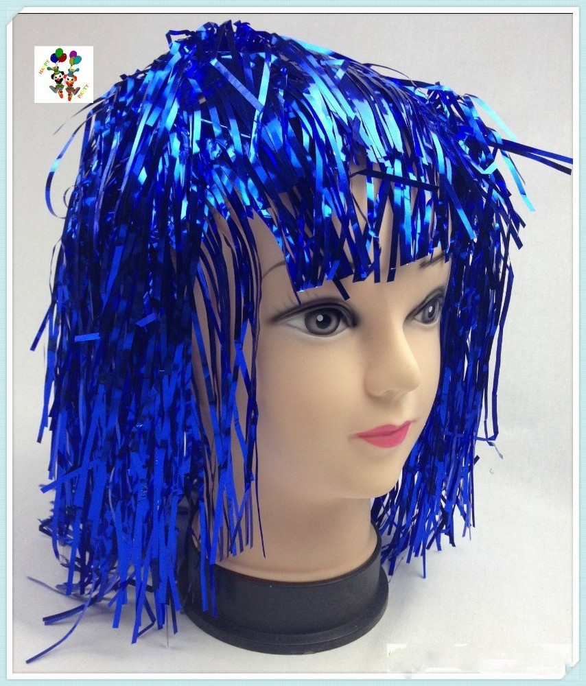 Cheap Mardi Gras Party Plastic Unisex Blue Color Short Tinsel Wigs HPC-0054