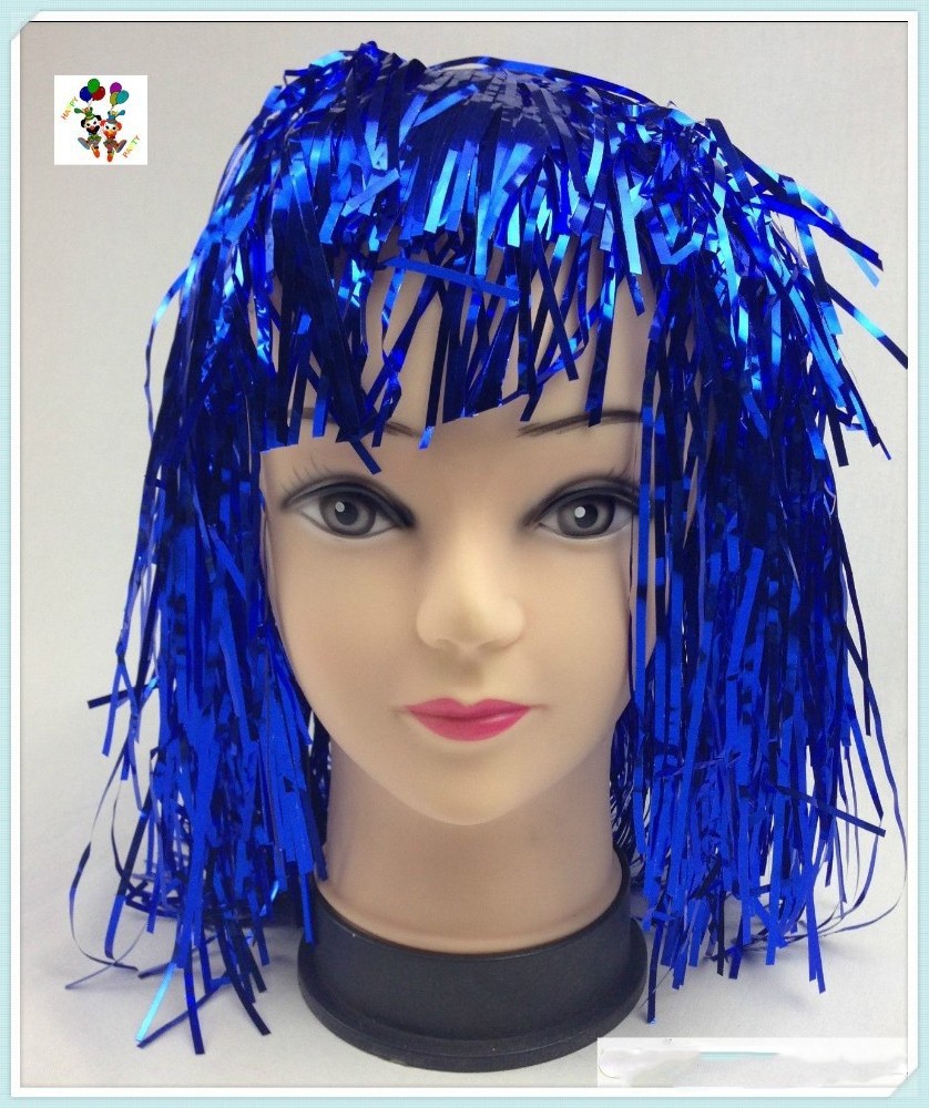 Cheap Mardi Gras Party Plastic Unisex Blue Color Short Tinsel Wigs HPC-0054