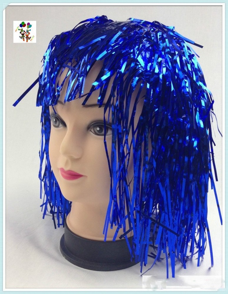 Cheap Mardi Gras Party Plastic Unisex Blue Color Short Tinsel Wigs HPC-0054