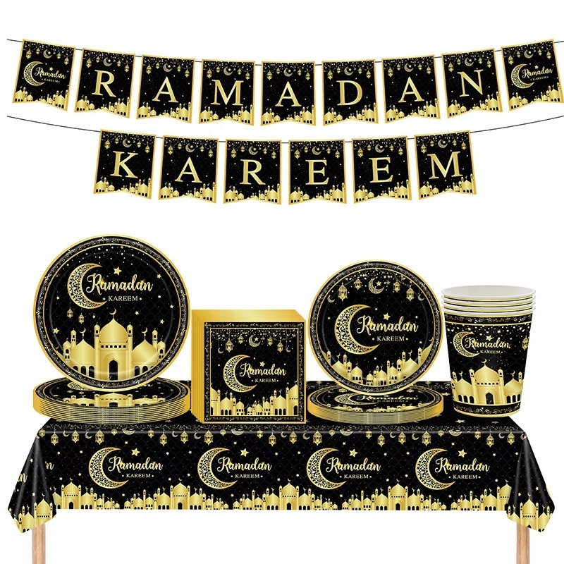 170PCS New Product Ideas 2024 Ramadan Decorations Theme Party Disposable Tableware Plates Cups Napkins Tablecloth Party