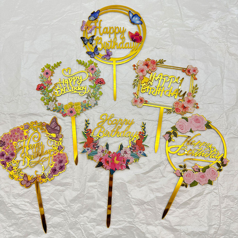 Flower Circle Acrylic Happy Birthday Cake Topper Gold Geometry Round Letter Cake Toppers Wedding Party Cupcake Toppers