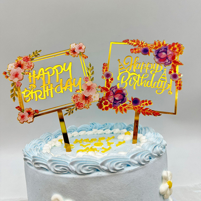 Flower Circle Acrylic Happy Birthday Cake Topper Gold Geometry Round Letter Cake Toppers Wedding Party Cupcake Toppers