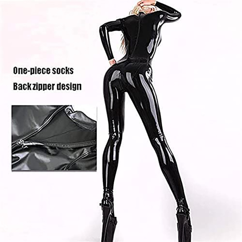 Women's Sex Latex Catsuit Long Sleeve Zip Shiny Jumpsuit Costume Adult Erotic Cosplay Latex Bodysuit Sexy Costume