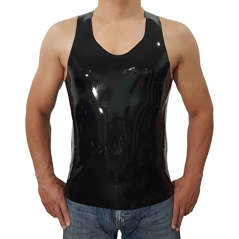 Mens Fetish Sexy Latex Camisole T-Shirt Shapewear Sex Costumes Corset Vest Latex Catsuit Men