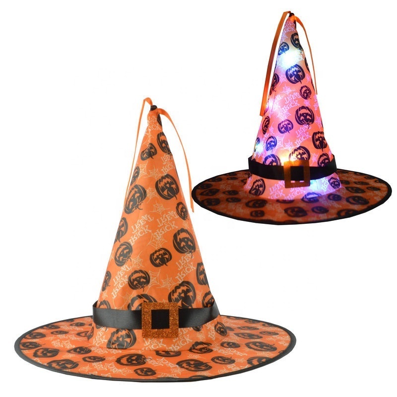 Halloween Light-up Hanging Witch Hat Pumpkin Design LED Lights Halloween Glowing Decoration For Yard Outdoor Party Decoration