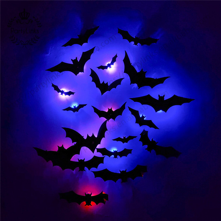 Halloween Decoration LED Bats Light Wall Decor - 3D Halloween Decor Bats Sticker Light, 12 Sizes Waterproof PVC Bat Stickers