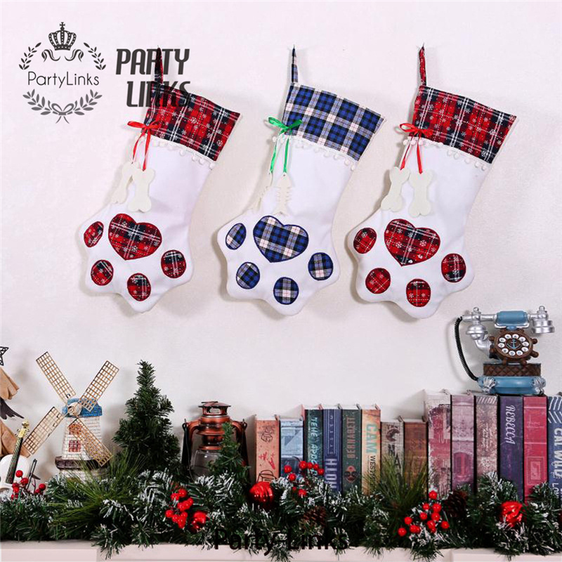 Dog Christmas Stocking Personalized Plaid  Paw Stocking X-Mas Gift Bags Animal Stocking Ornaments