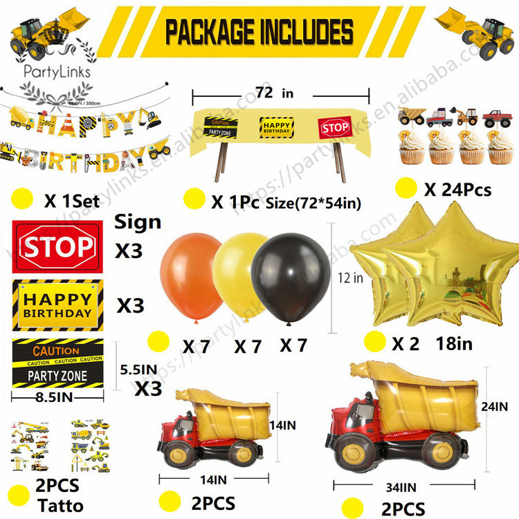 Construction Tractor Theme Inflatable Balloon Vehicle Banners Cupcake Toppers Baby Shower Boys Birthday Party Decorations