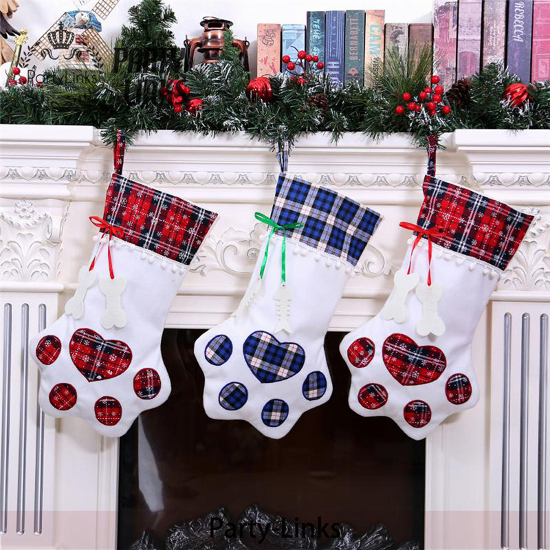 Dog Christmas Stocking Personalized Plaid  Paw Stocking X-Mas Gift Bags Animal Stocking Ornaments