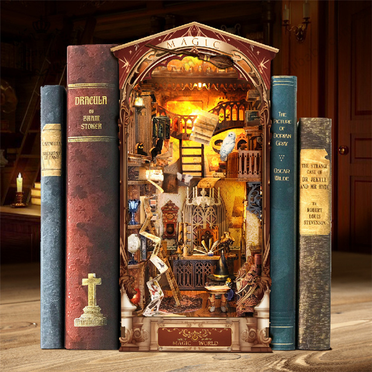 DIY Book Nook Miniature Kit Booknook Dollhouse Bookshelf Insert Wooden Decorative Bookend Stand Model Kits harryy potter