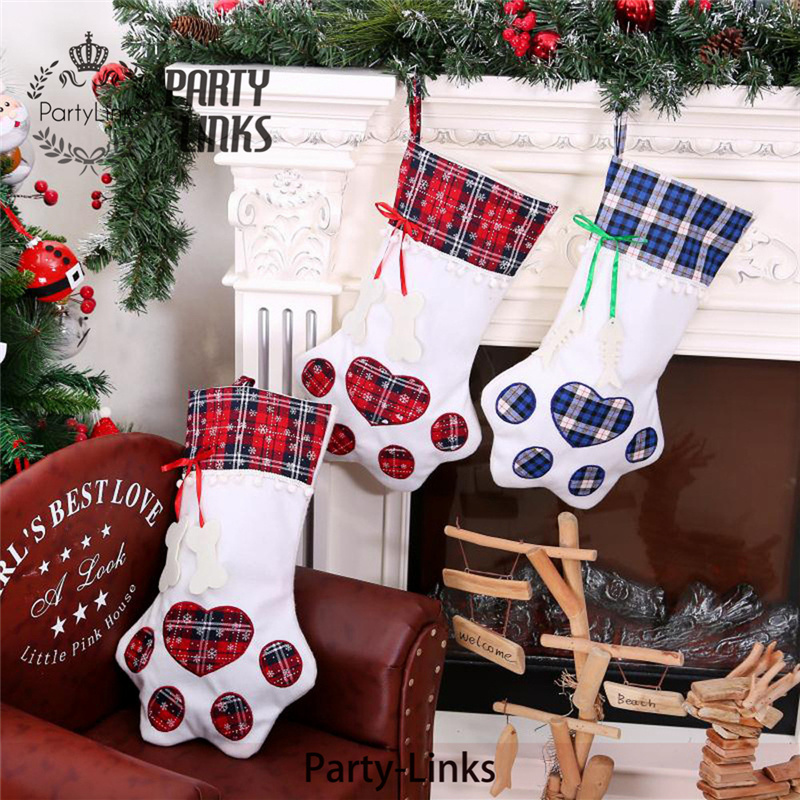 Dog Christmas Stocking Personalized Plaid  Paw Stocking X-Mas Gift Bags Animal Stocking Ornaments