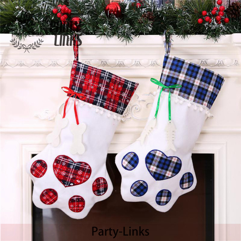 Dog Christmas Stocking Personalized Plaid  Paw Stocking X-Mas Gift Bags Animal Stocking Ornaments