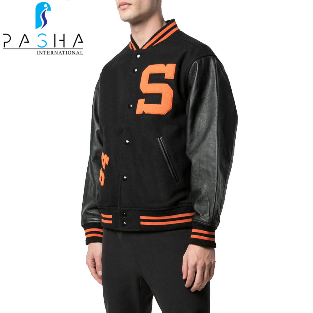 Superb Quality Black Leather Sleeves Varsity Jacket High Quality Bright Color Men Wear Varsity Jacket BY PASHA INTERNATIONAL