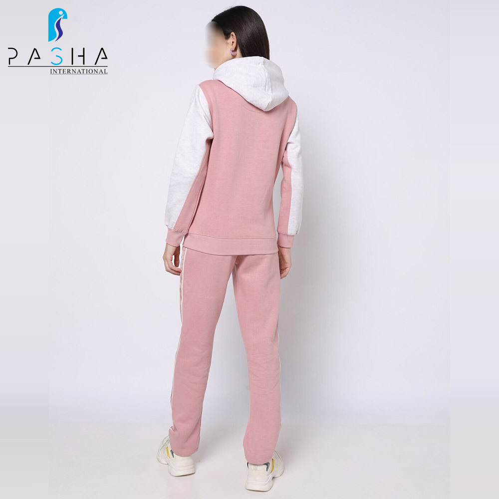 Latest Design Pink And White Contrast Tracksuit Hoodie With Pant 2 Piece Set Women Tracksuit BY PASHA INTERNATIONAL