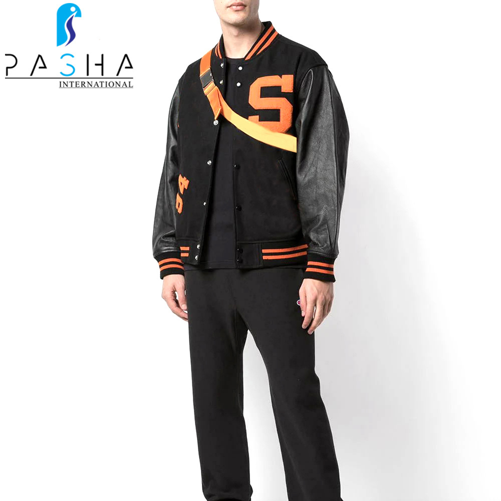 Superb Quality Black Leather Sleeves Varsity Jacket High Quality Bright Color Men Wear Varsity Jacket BY PASHA INTERNATIONAL